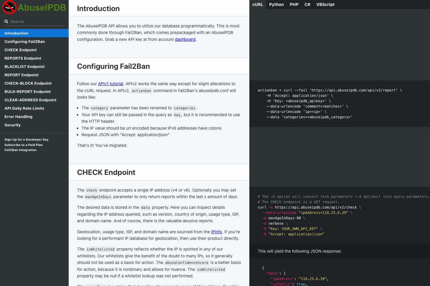 AbuseIPDB documentation page