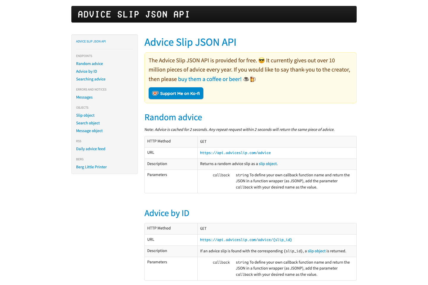Advice Slip documentation page