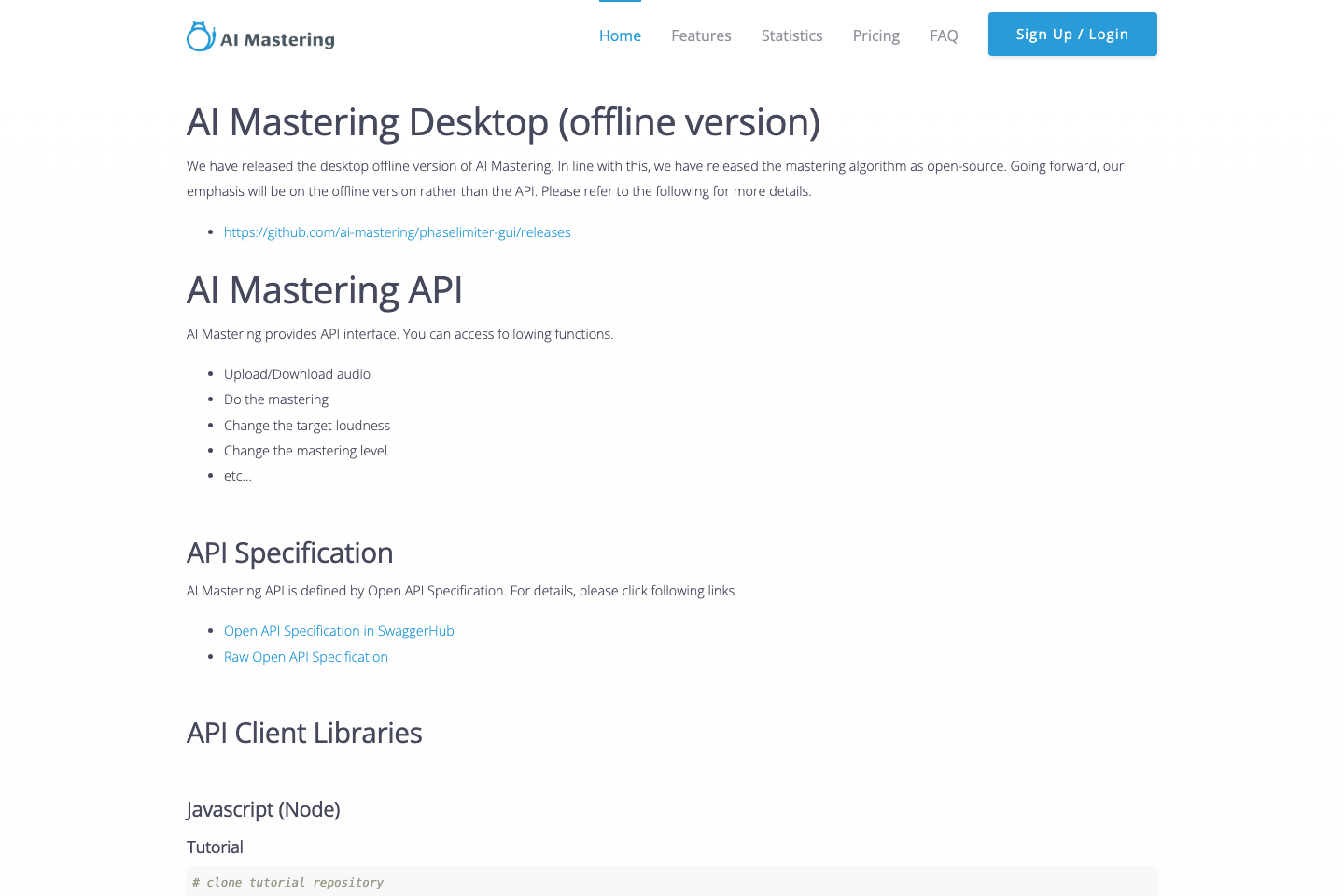 AI Mastering documentation page