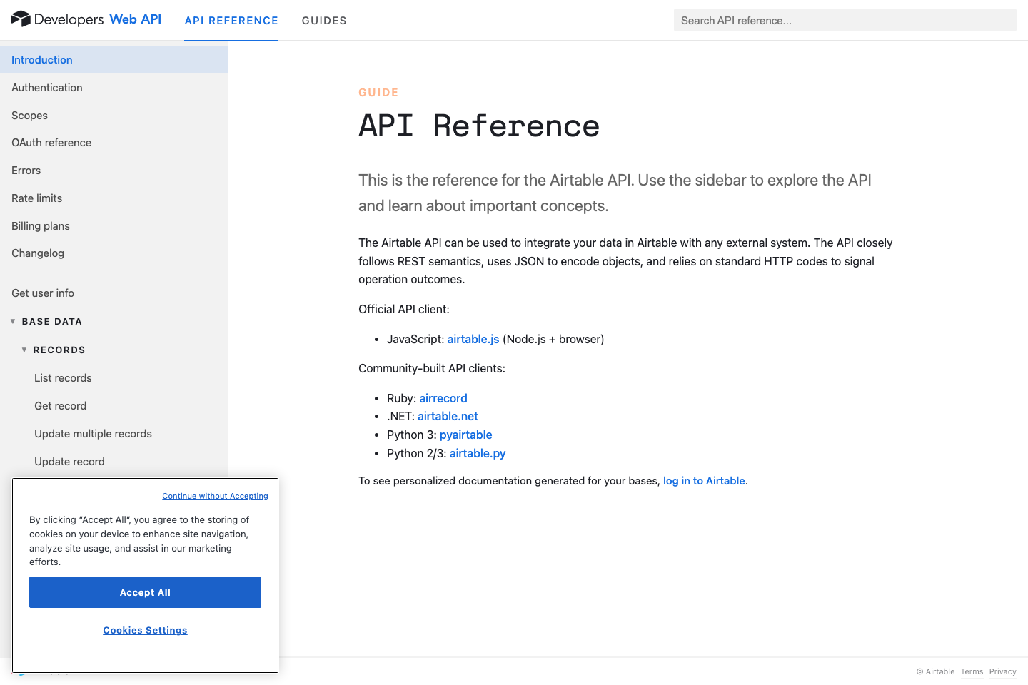 Airtable documentation page