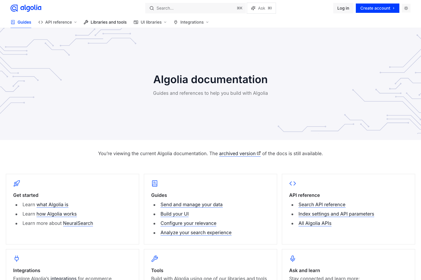 Algolia documentation page