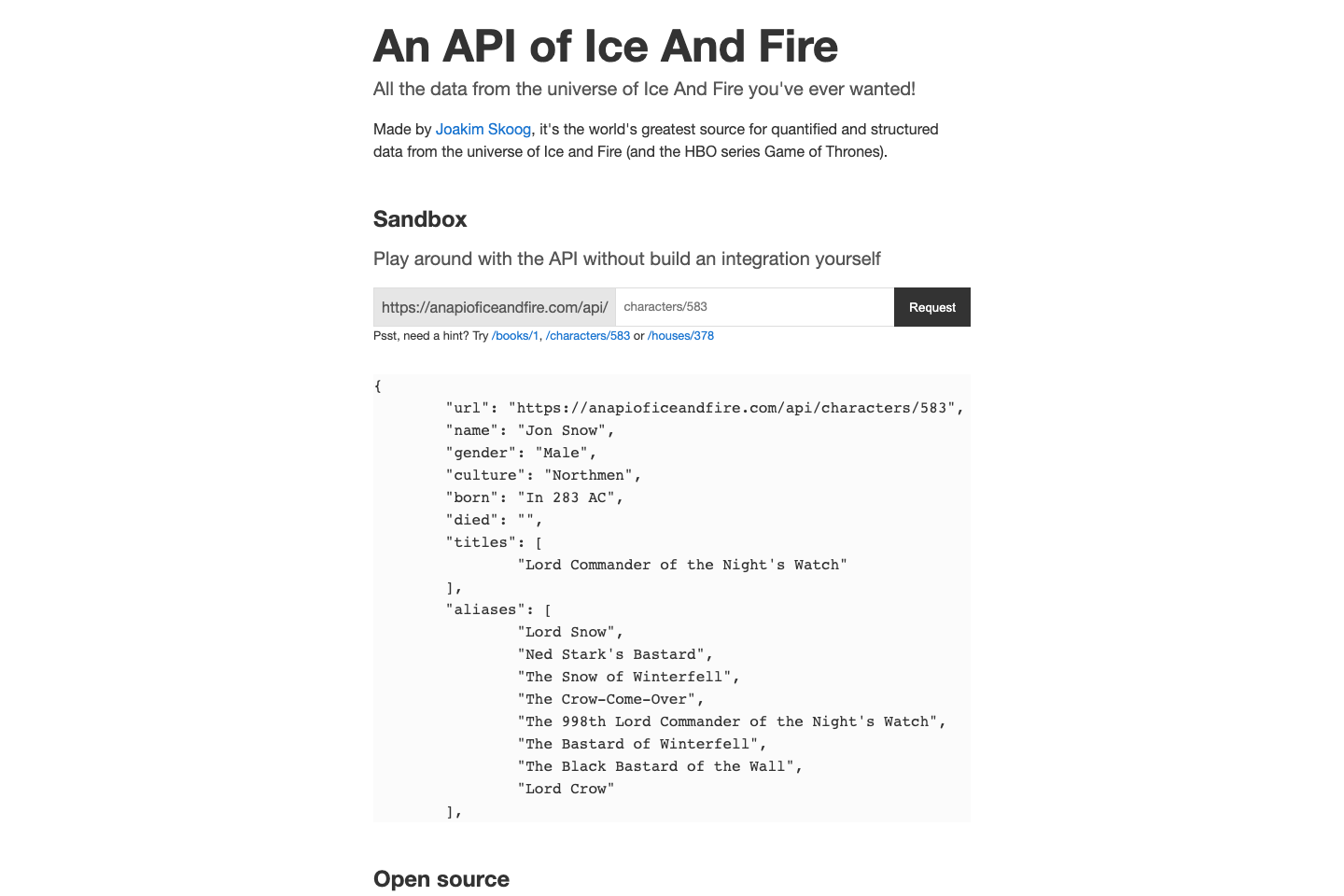 An API of Ice And Fire documentation page