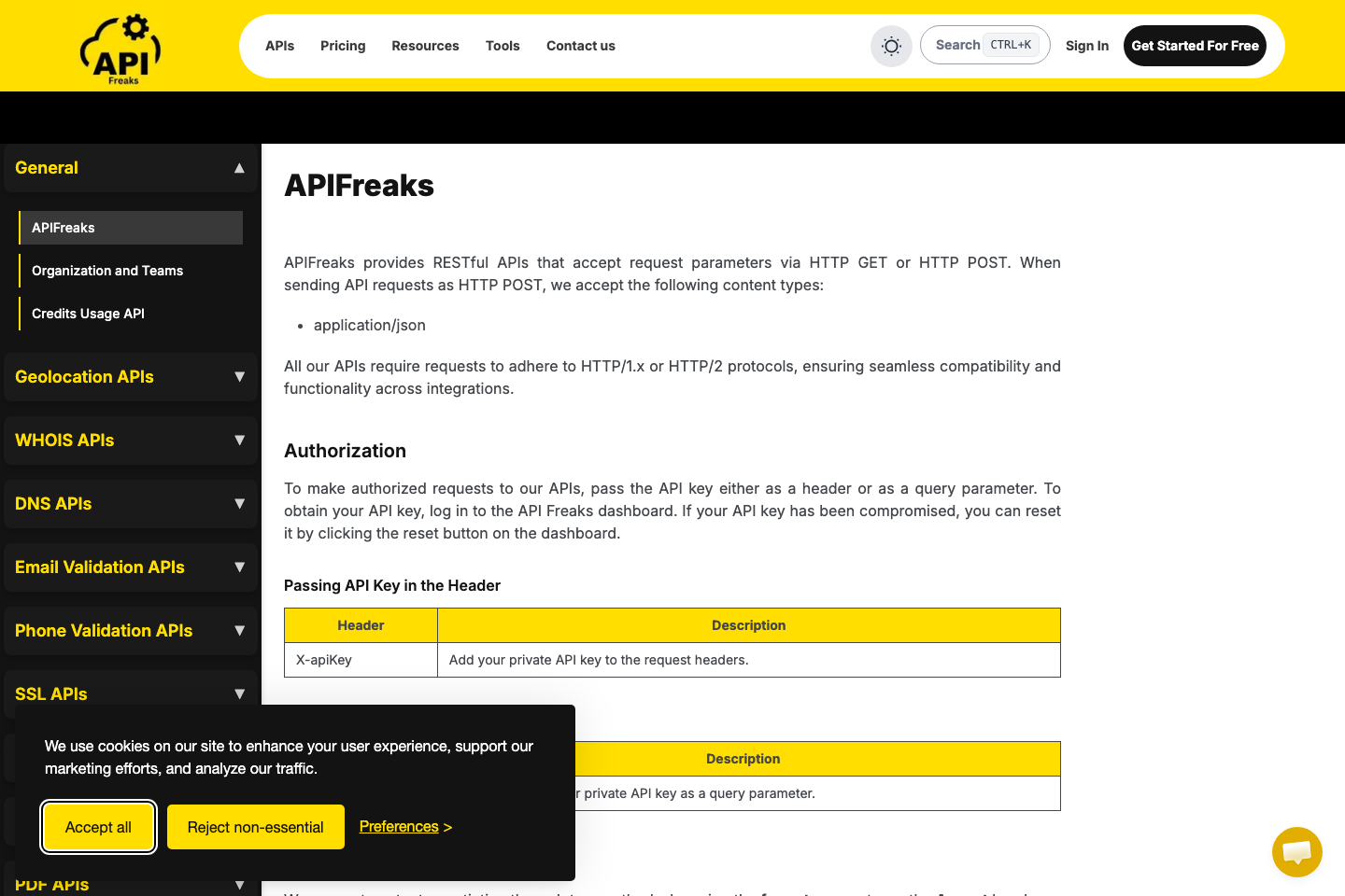 APIFreaks documentation page