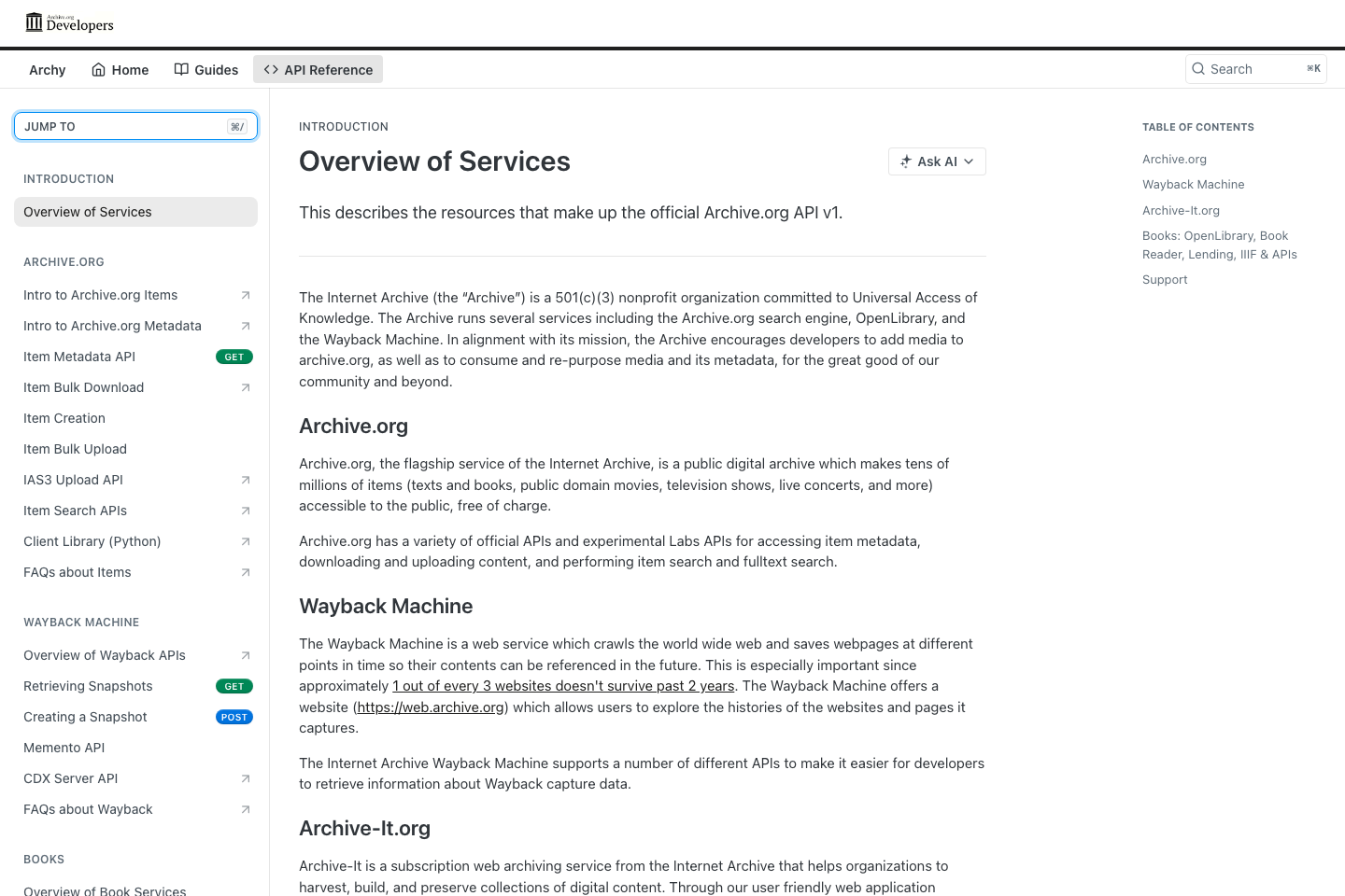 Archive.org documentation page