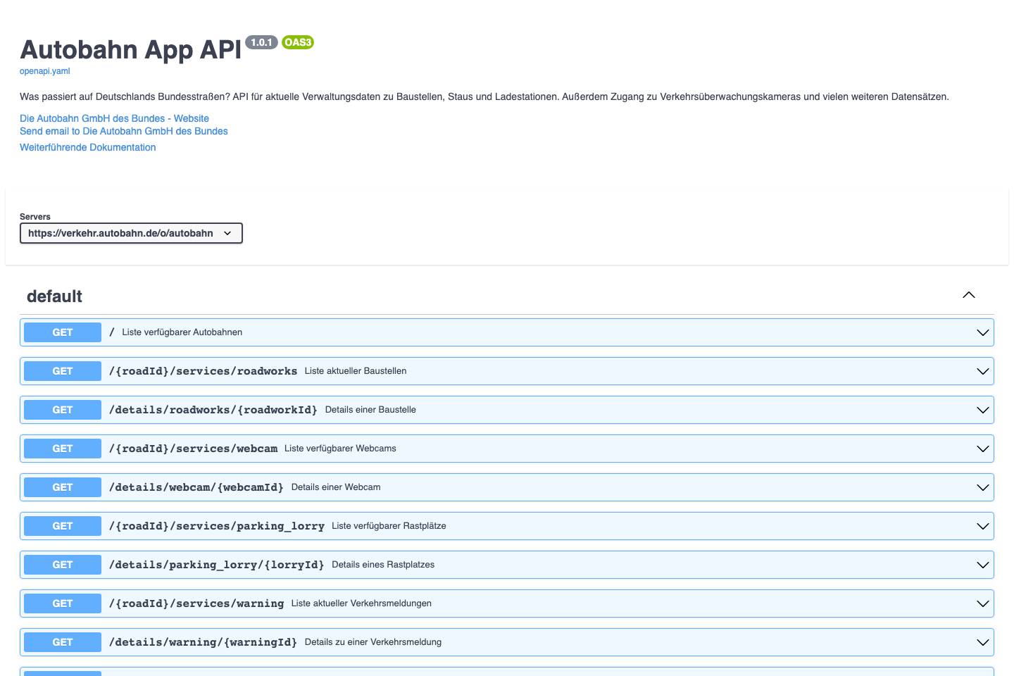 Autobahn API documentation page