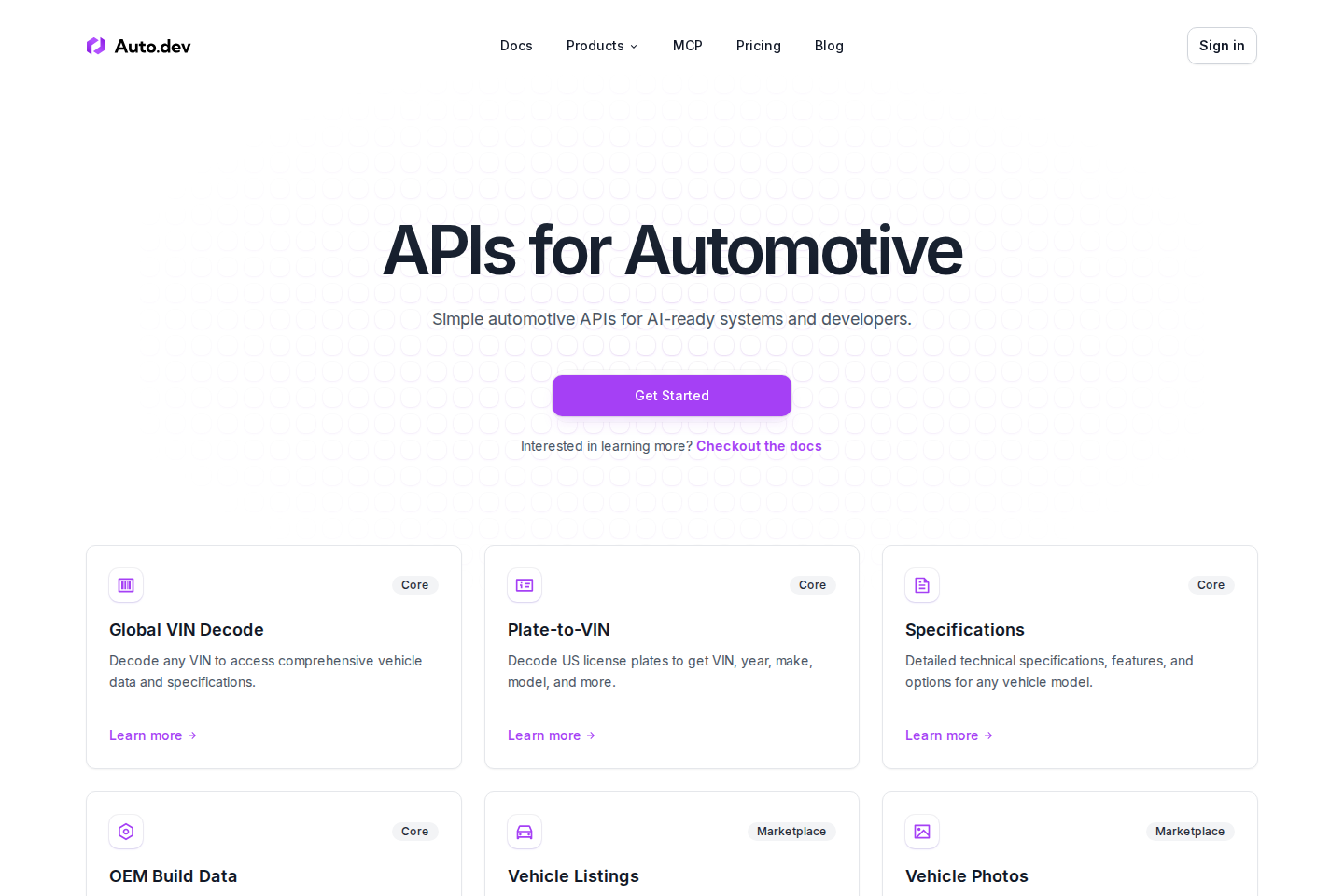 Auto.dev documentation page