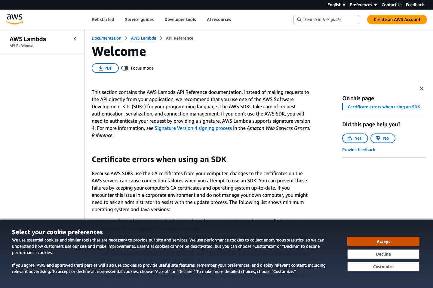 AWS Lambda documentation page