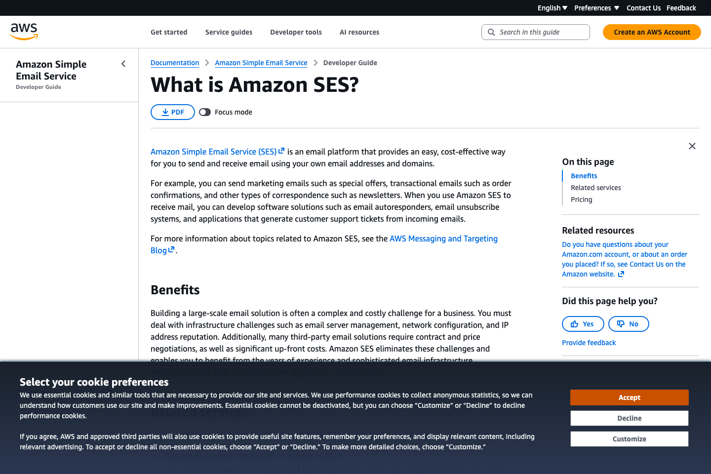 AWS SES documentation page