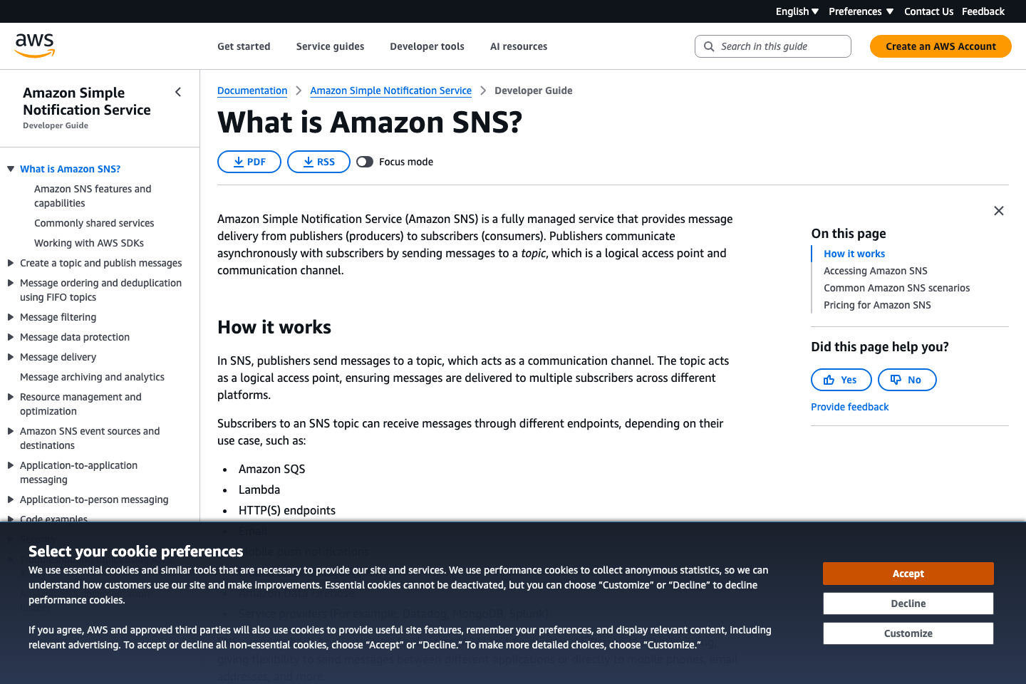 AWS SNS documentation page
