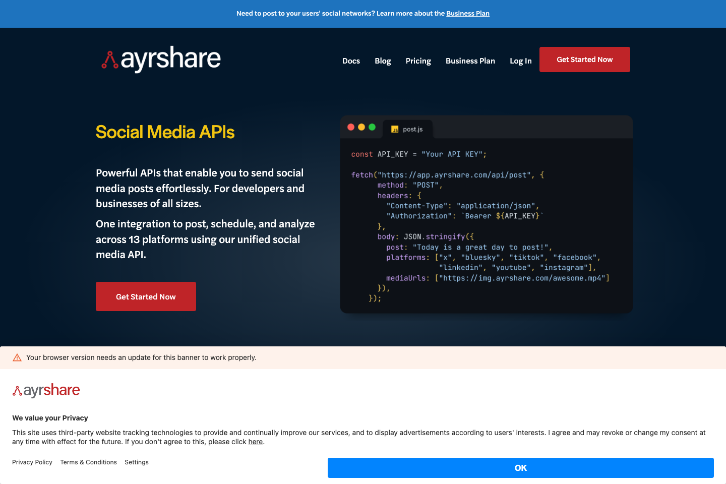 Ayrshare documentation page