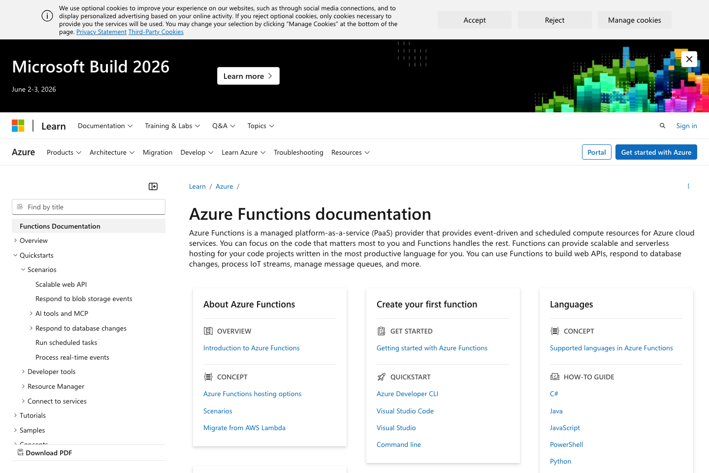 Azure Functions documentation page