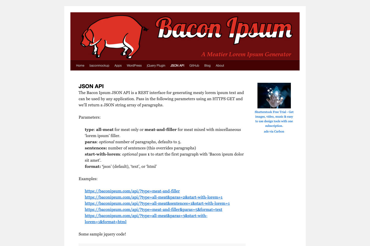 Bacon Ipsum documentation page