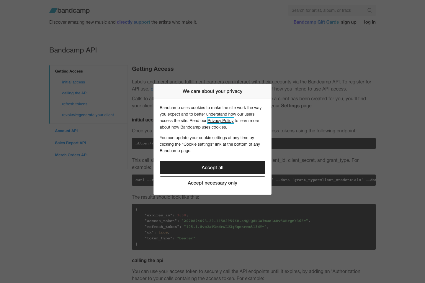 Bandcamp documentation page
