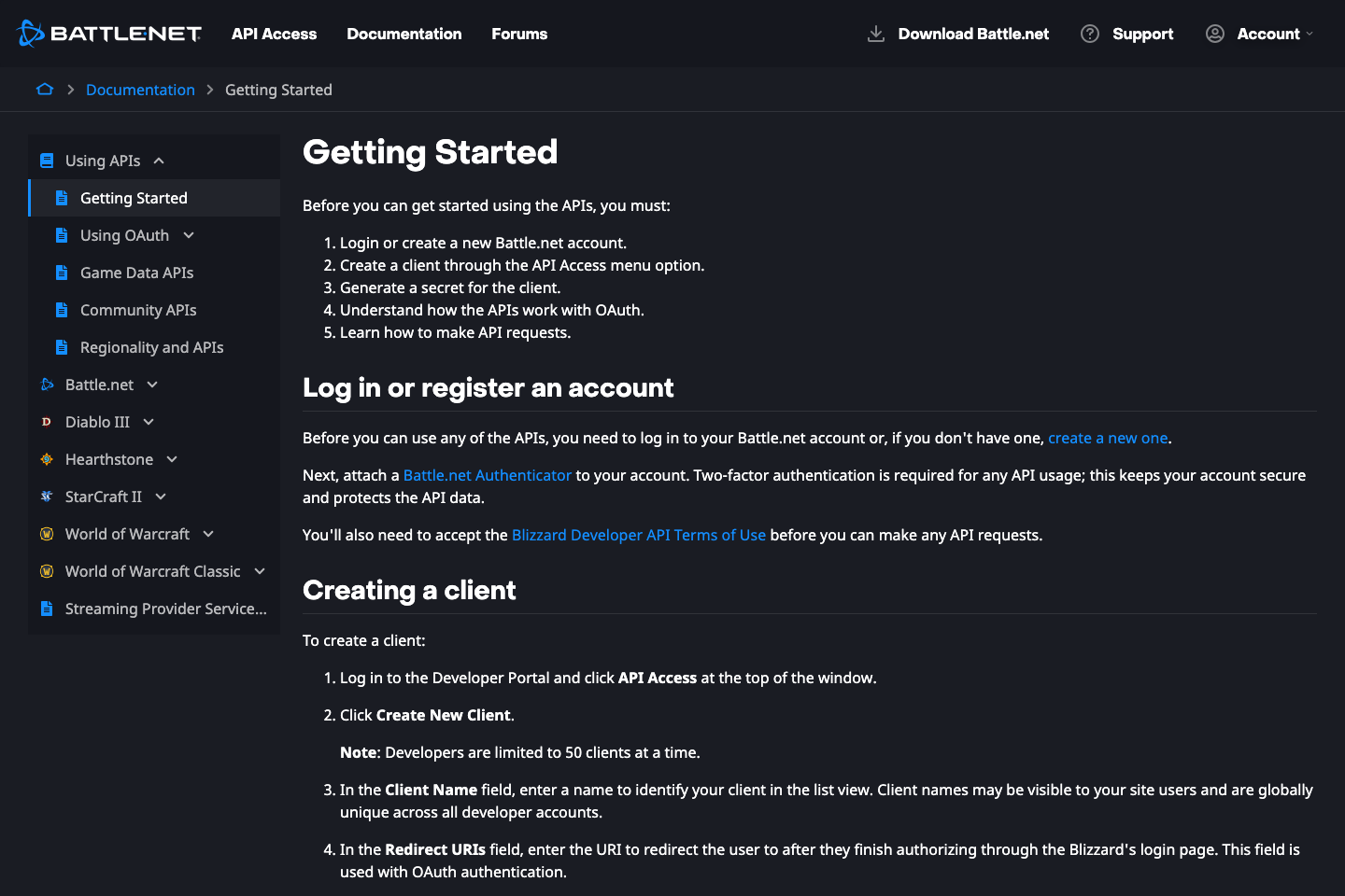 Battle.net documentation page