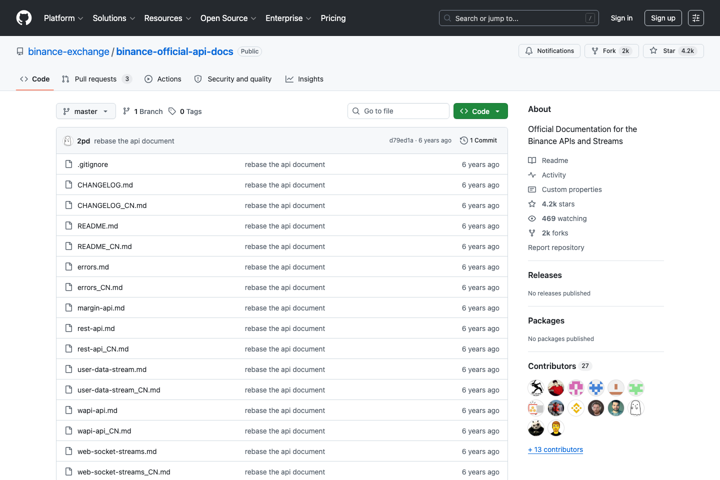 Binance documentation page