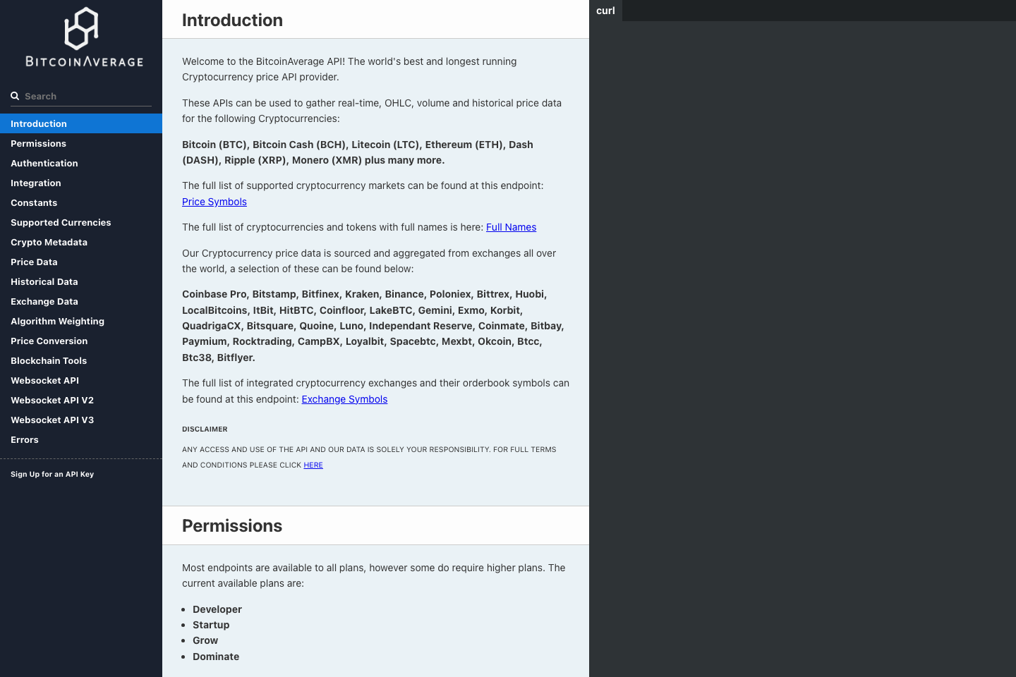 BitcoinAverage documentation page