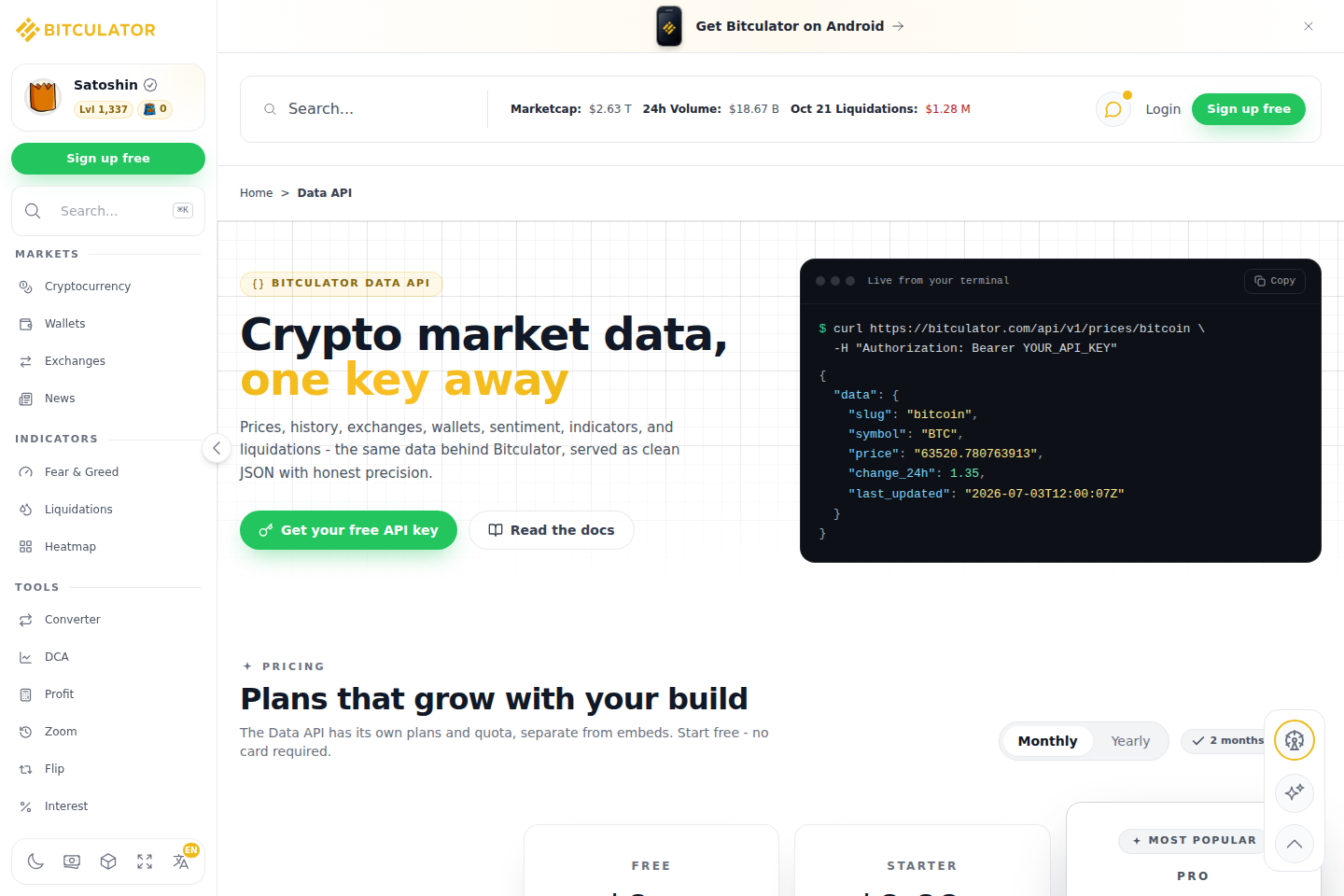 Bitculator Data API documentation page