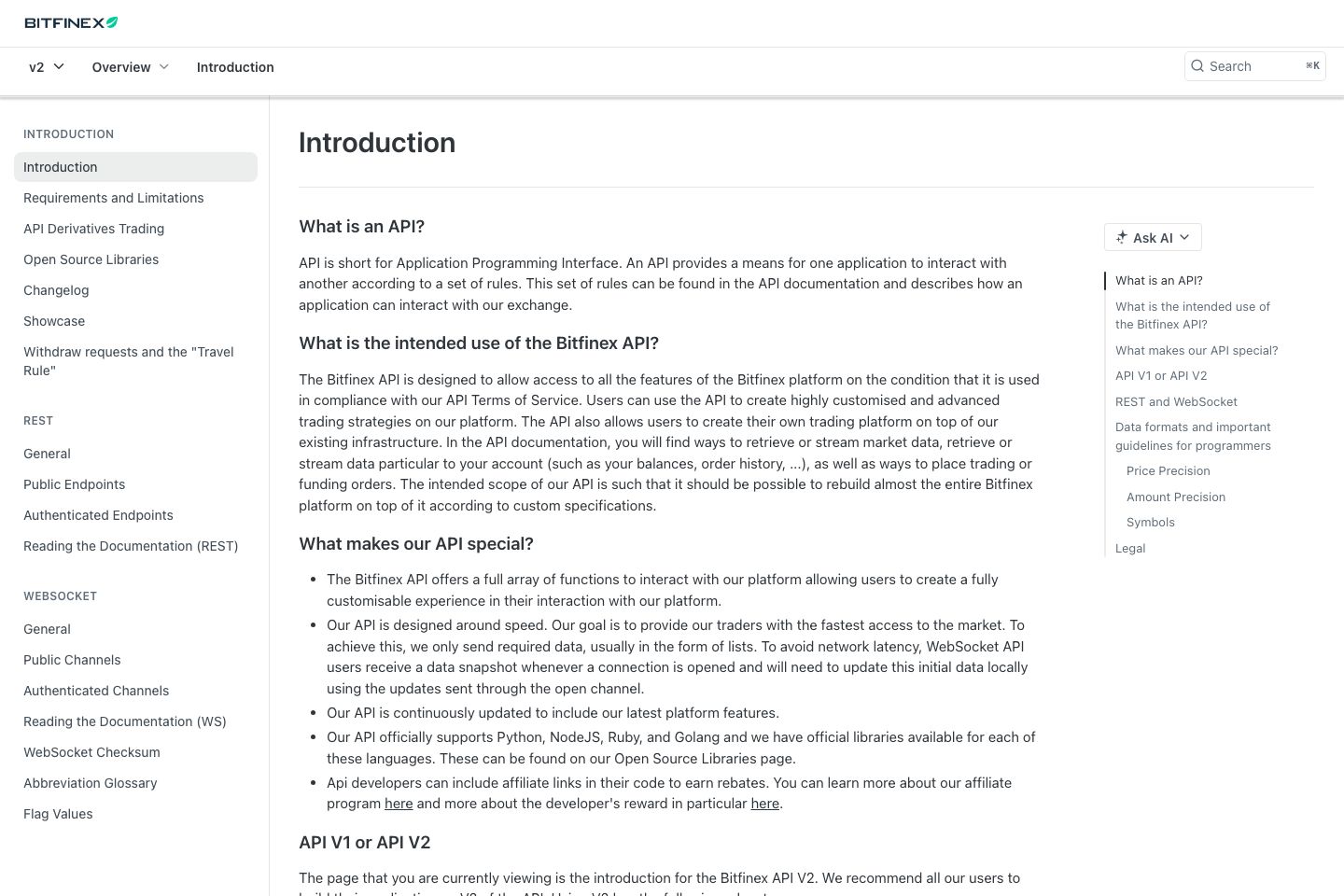 Bitfinex documentation page