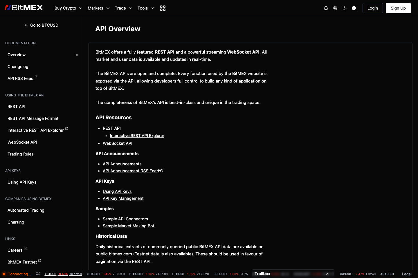 Bitmex documentation page