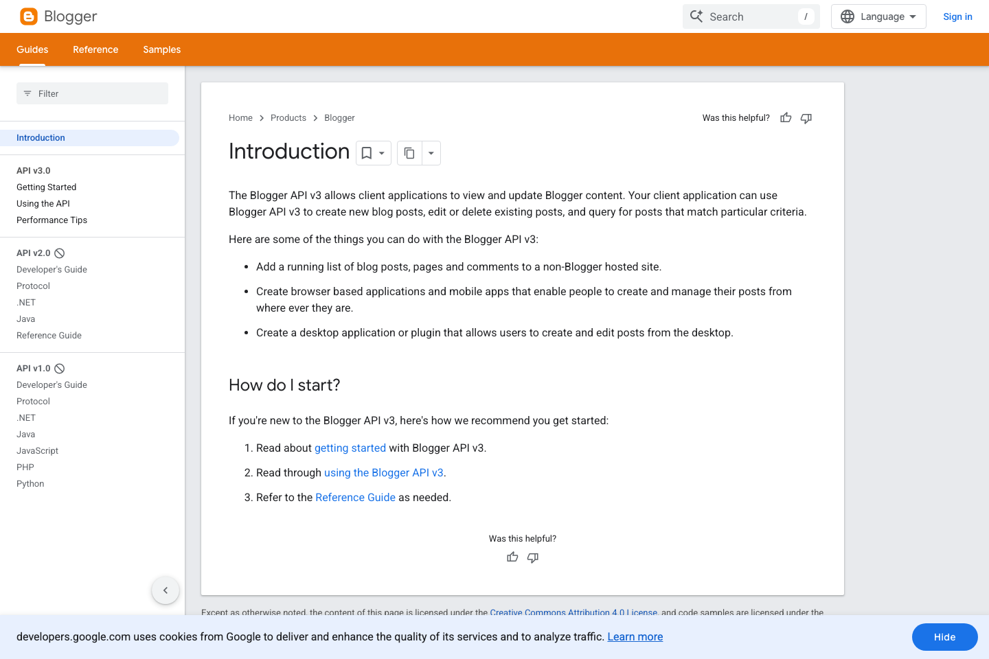 Blogger documentation page