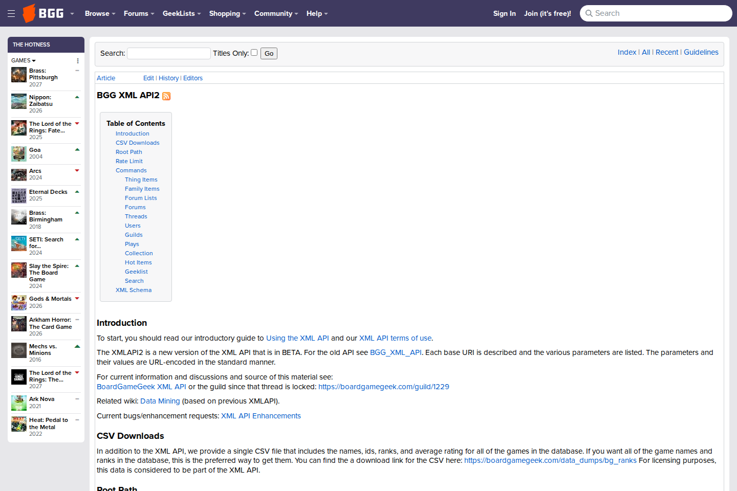 Board Game Geek documentation page