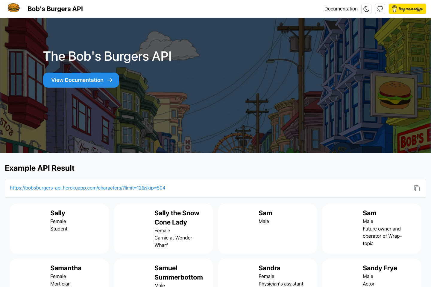 Bob's Burgers API documentation page