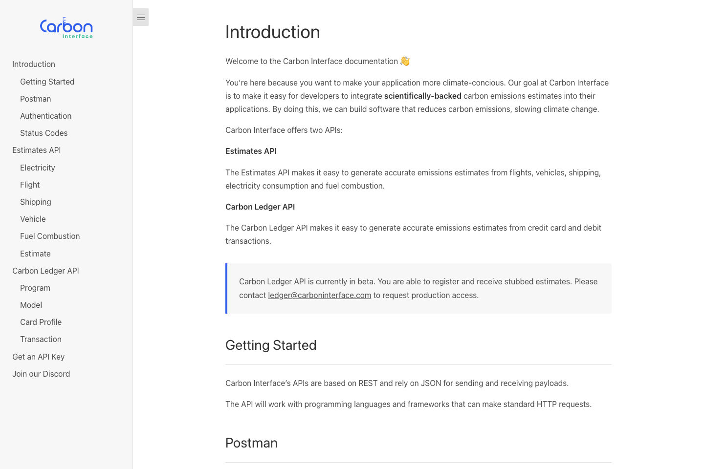 Carbon Interface documentation page