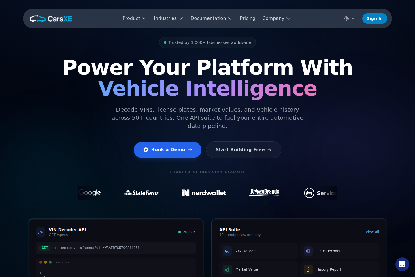 CarsXE API documentation page