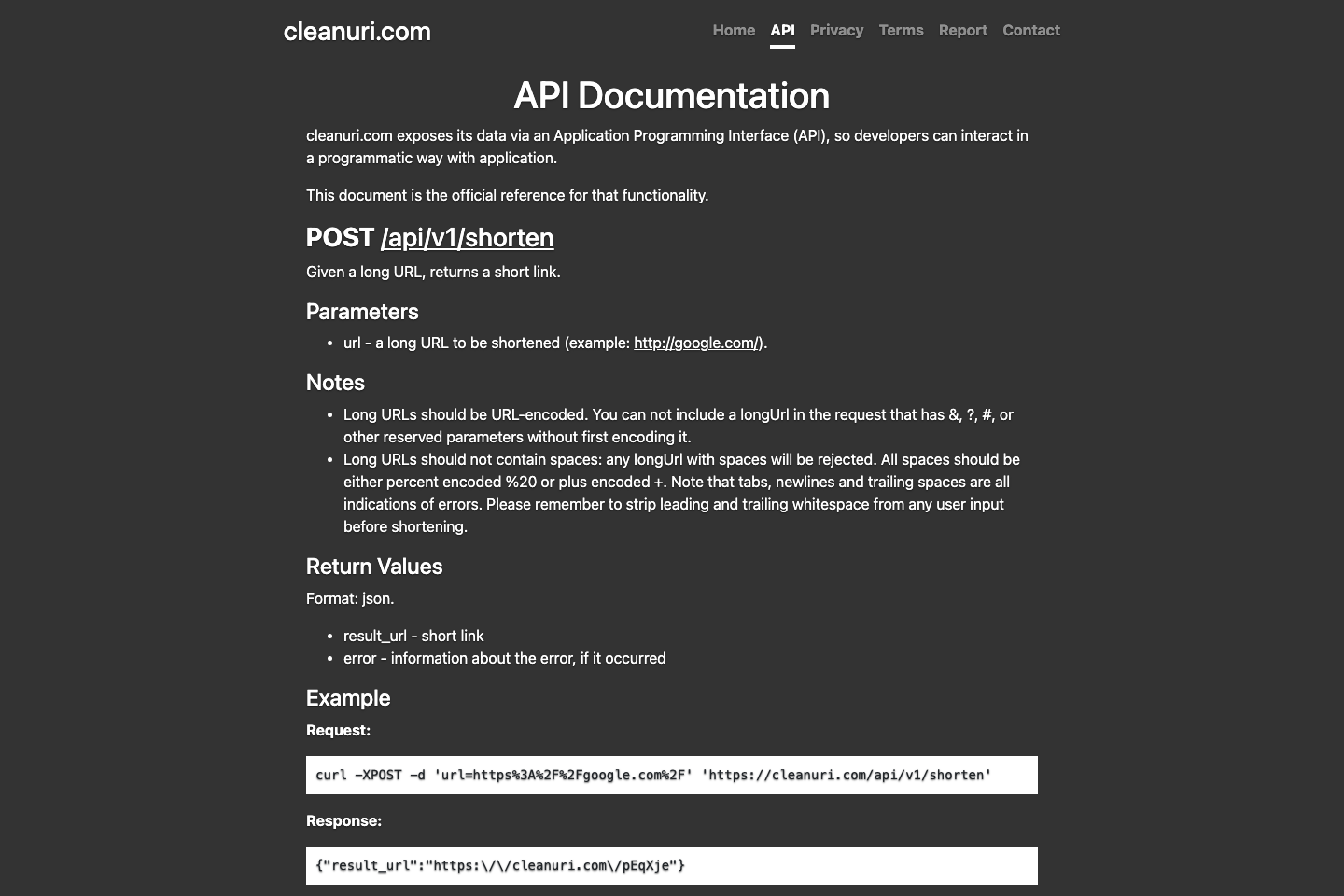 CleanURI documentation page