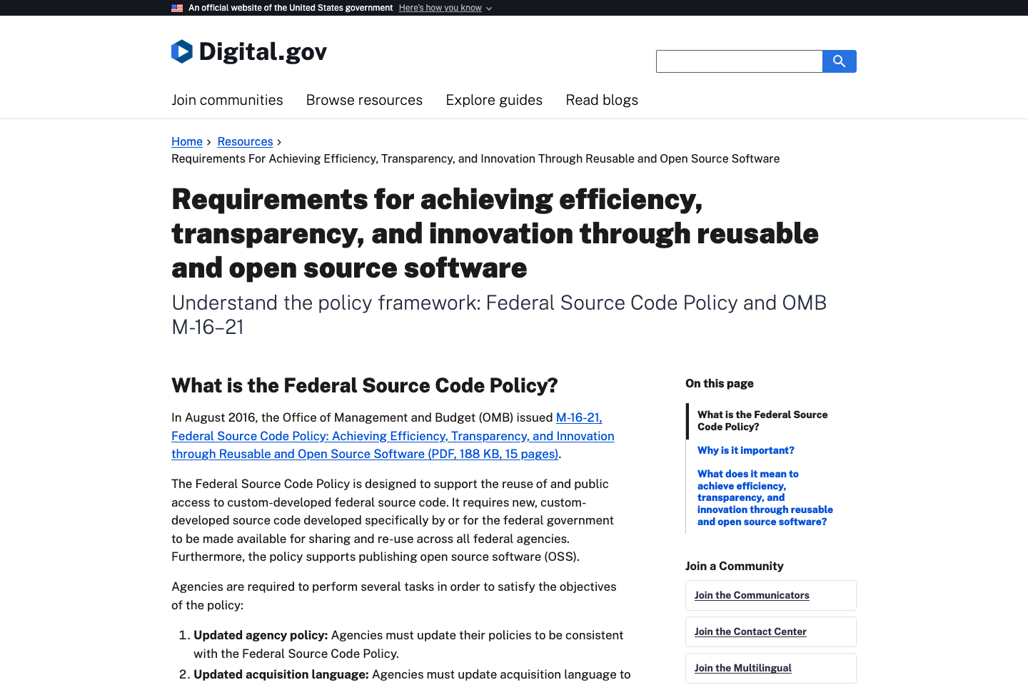 Code.gov documentation page