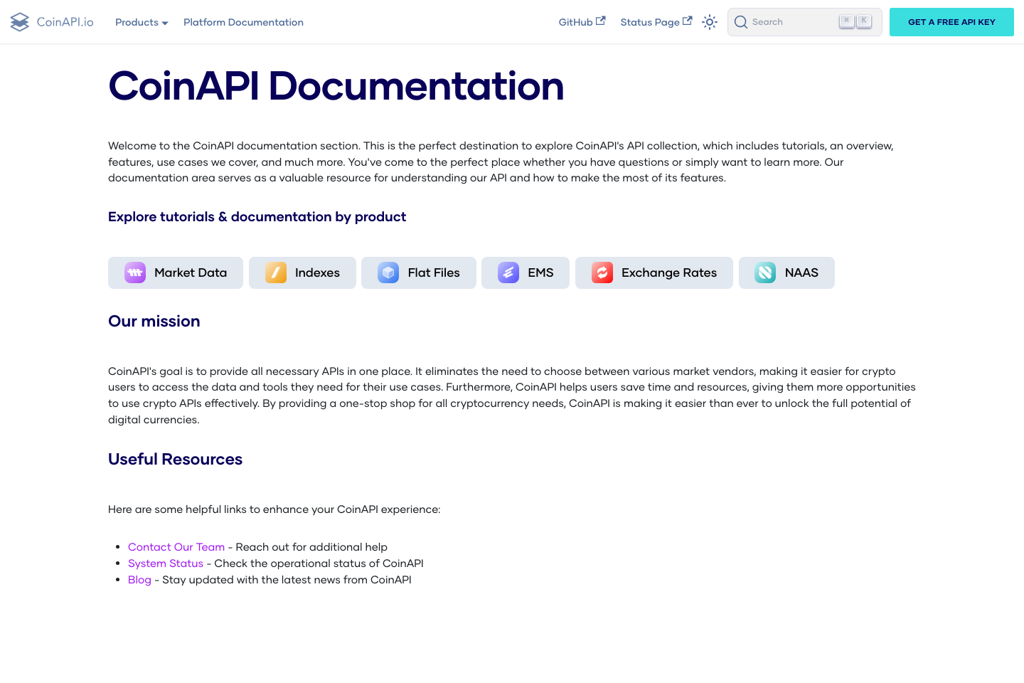 CoinAPI documentation page