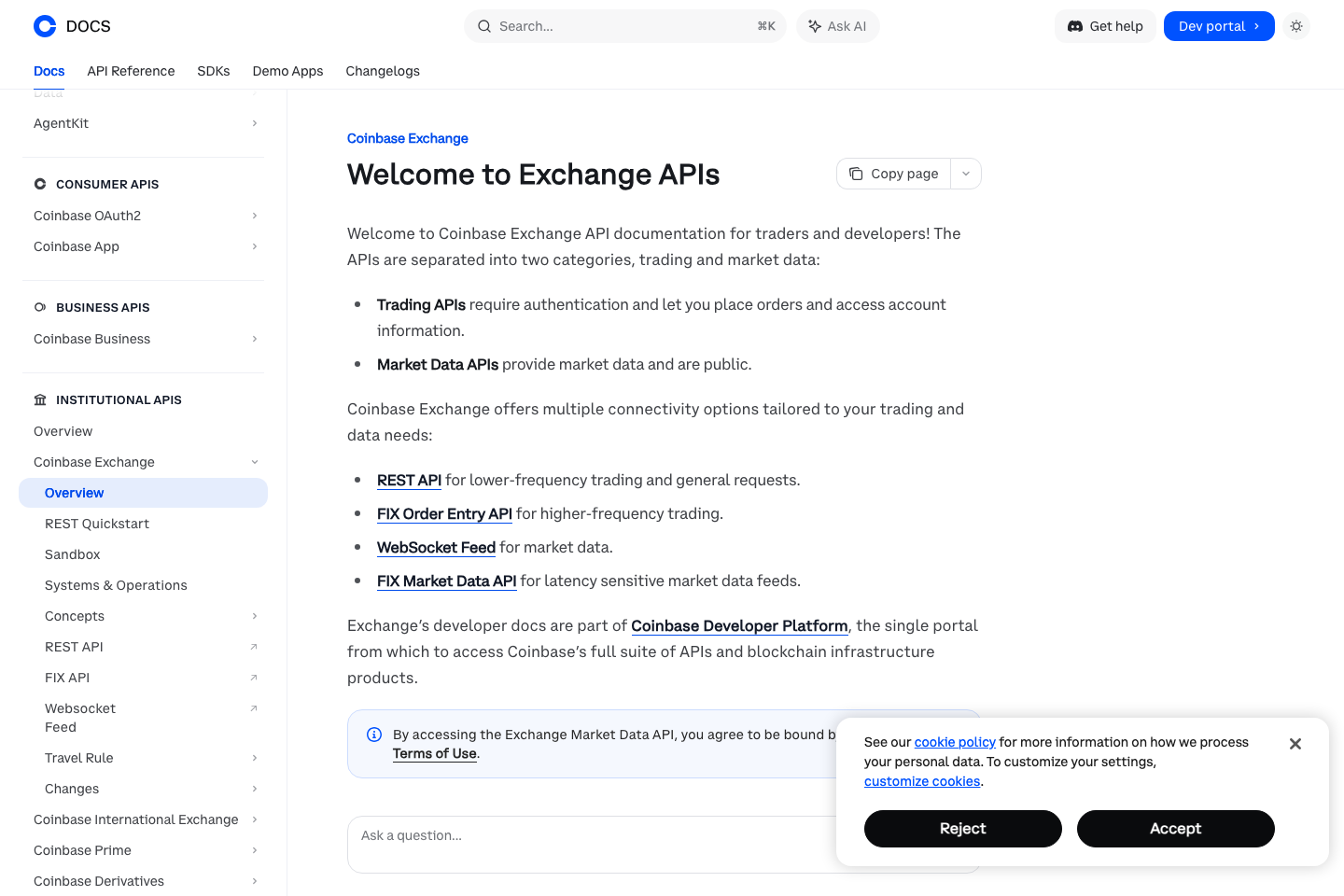 Coinbase Pro documentation page