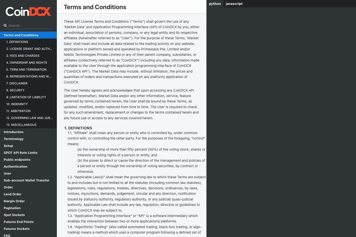 CoinDCX documentation page
