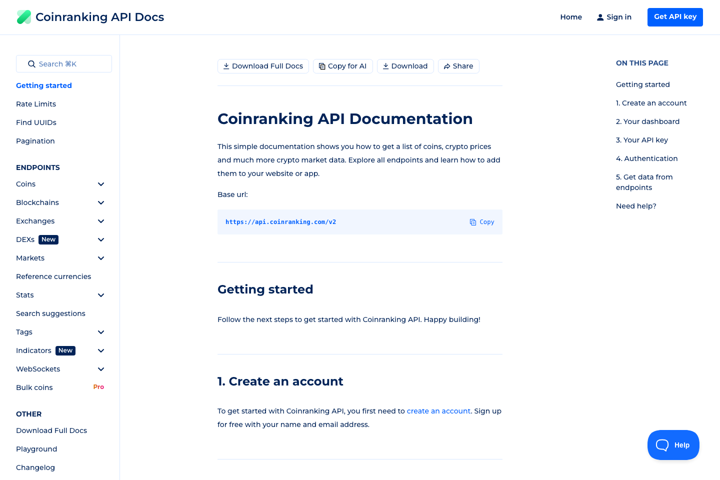 CoinRanking documentation page