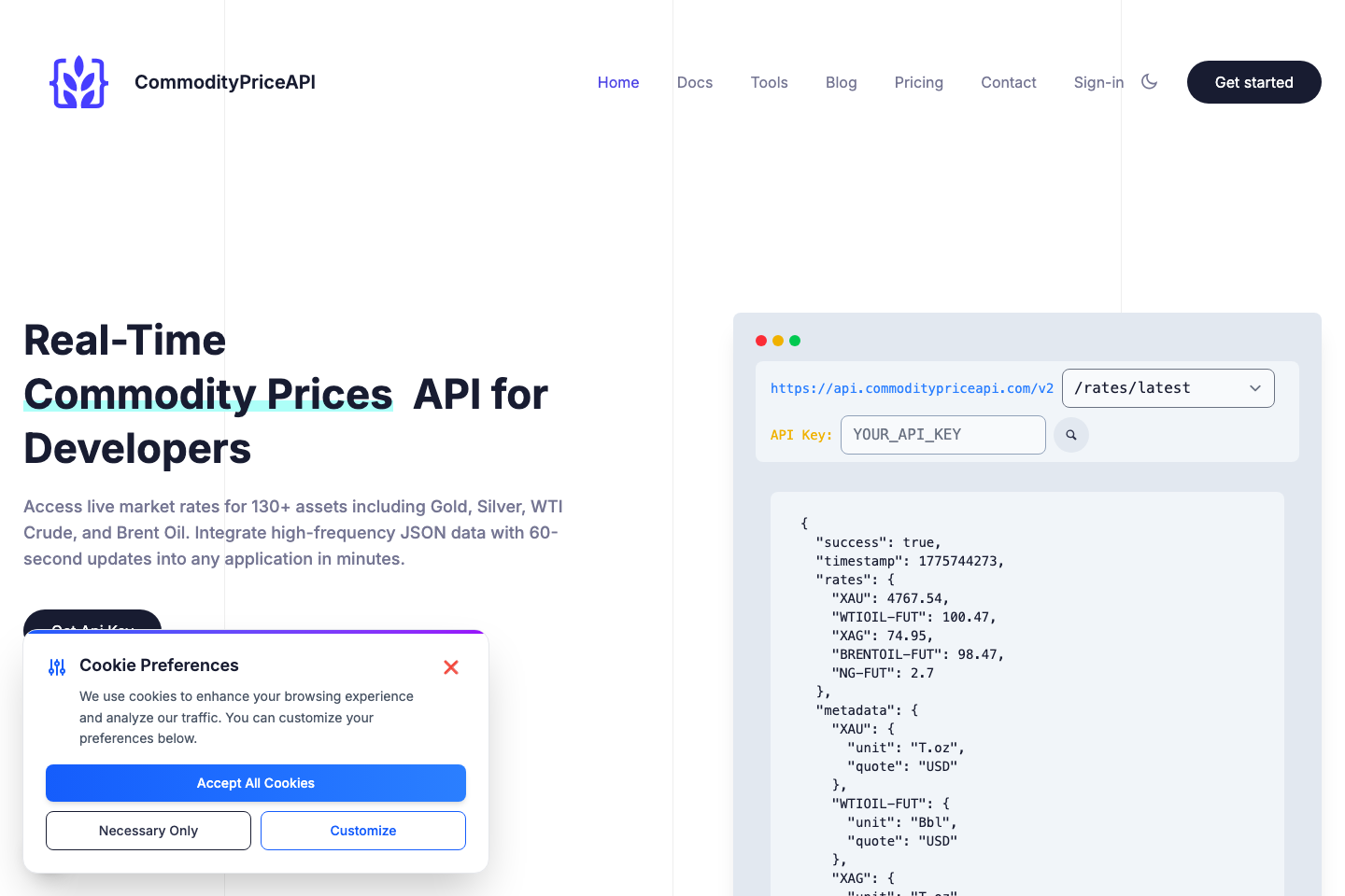 CommodityPriceAPI documentation page