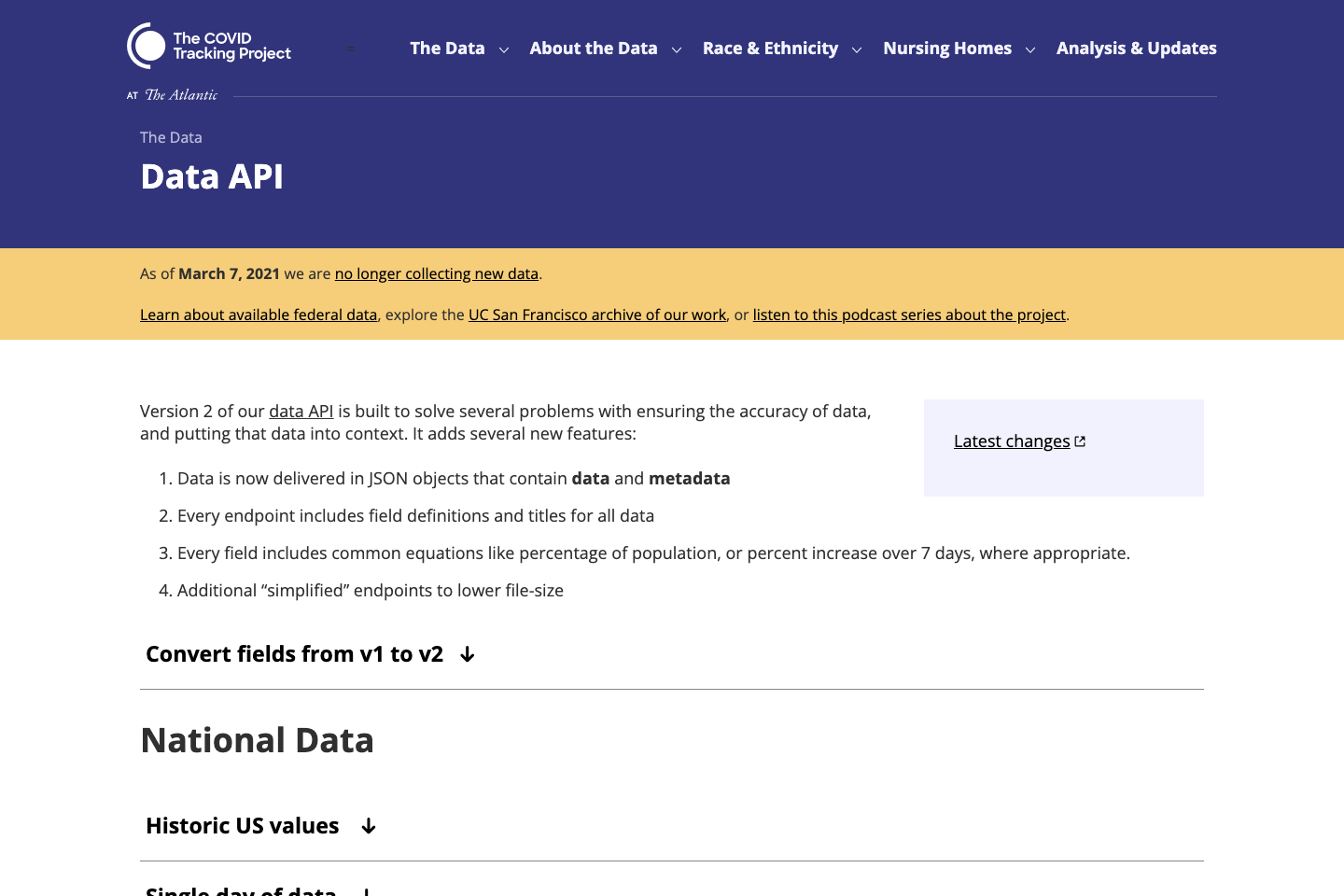 Covid Tracking Project documentation page