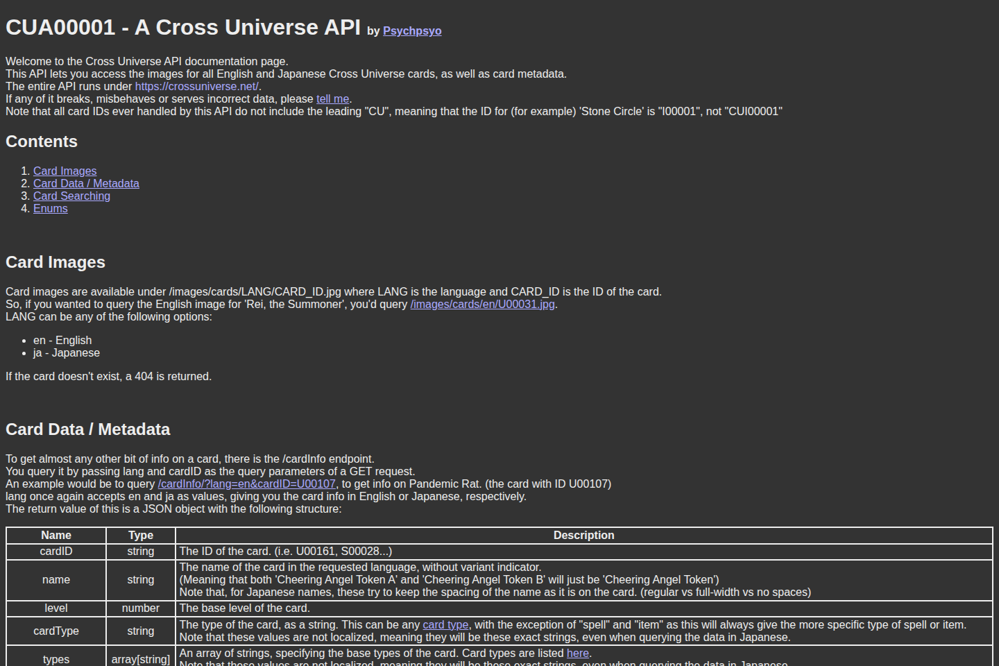 Cross Universe documentation page