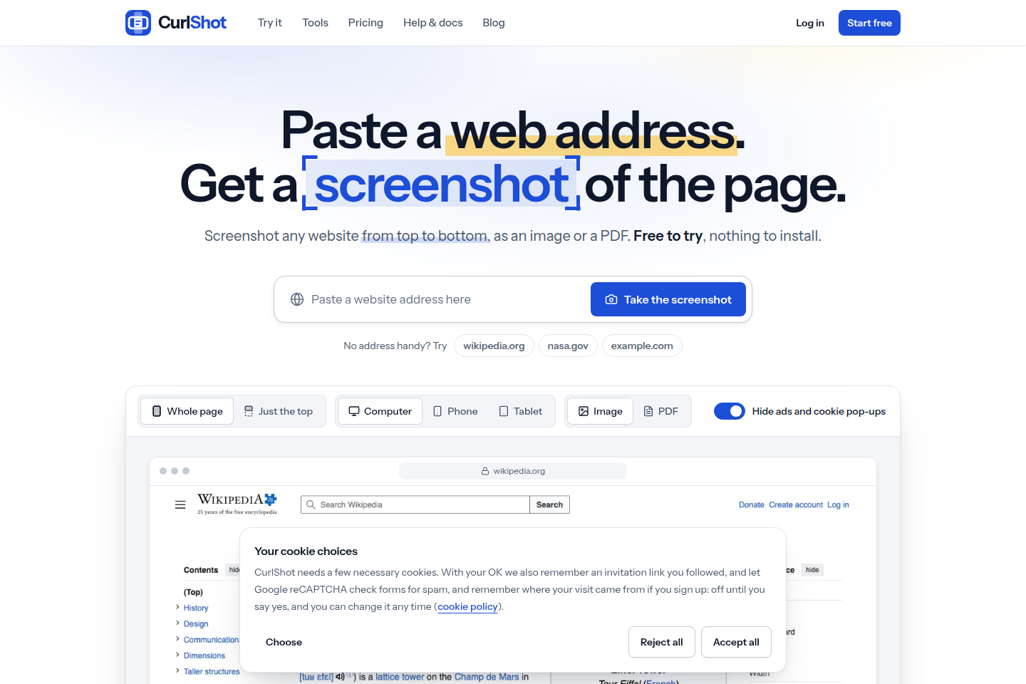 CurlShot API documentation page