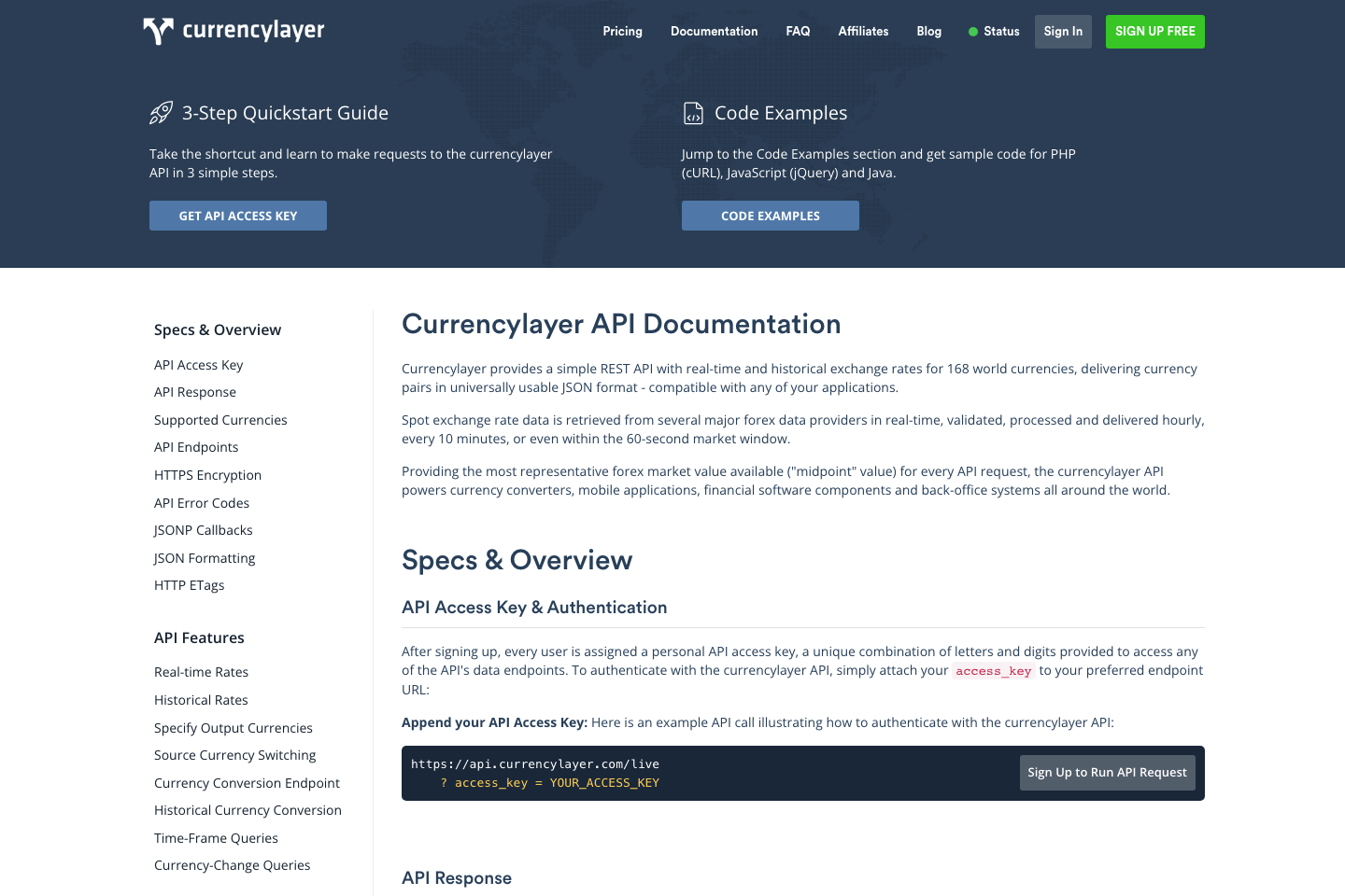 Currencylayer documentation page