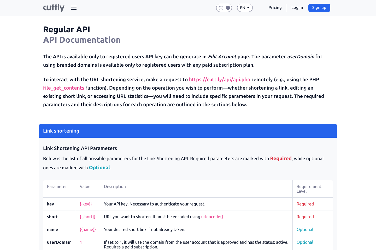 Cutt.ly documentation page