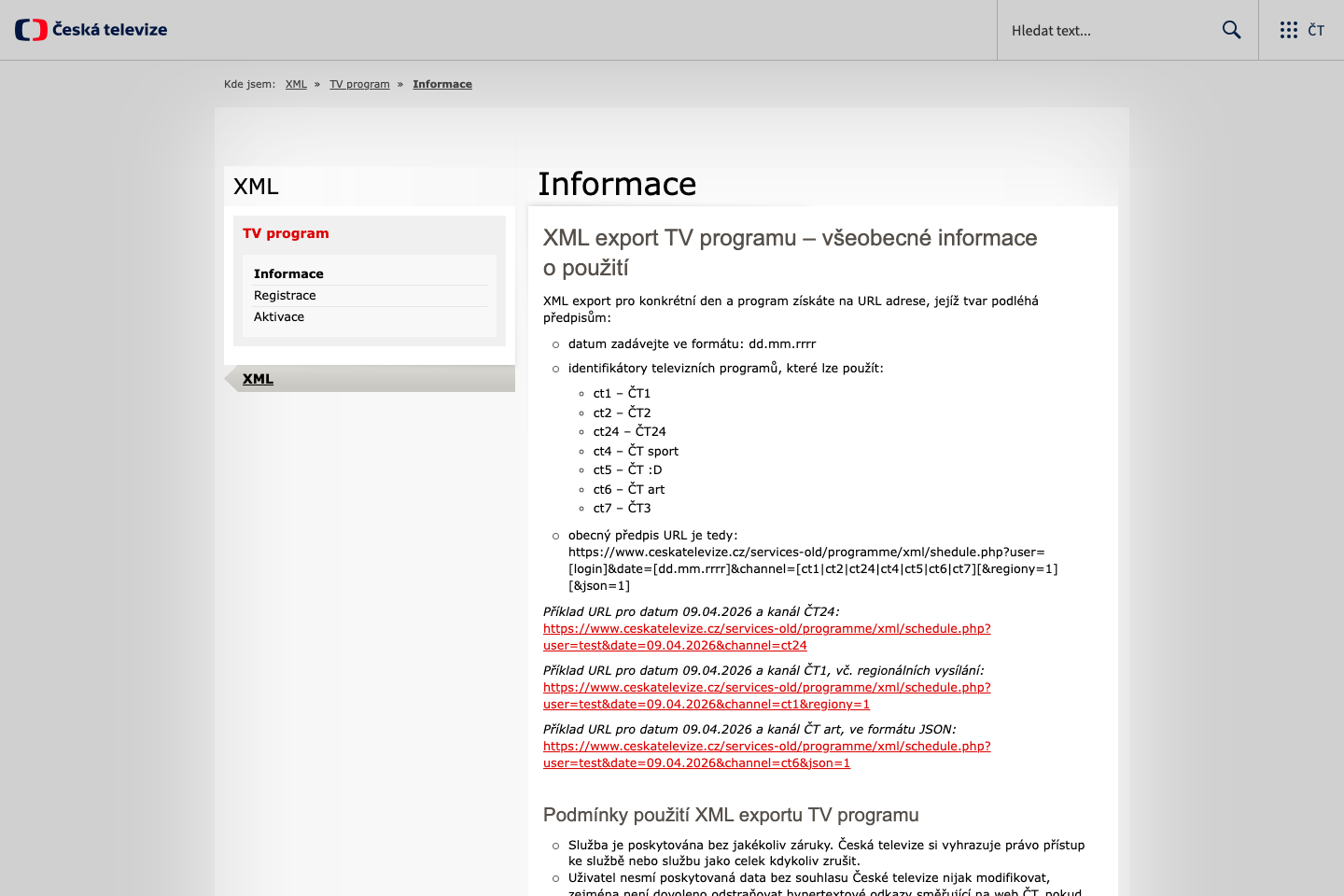 Czech Television documentation page
