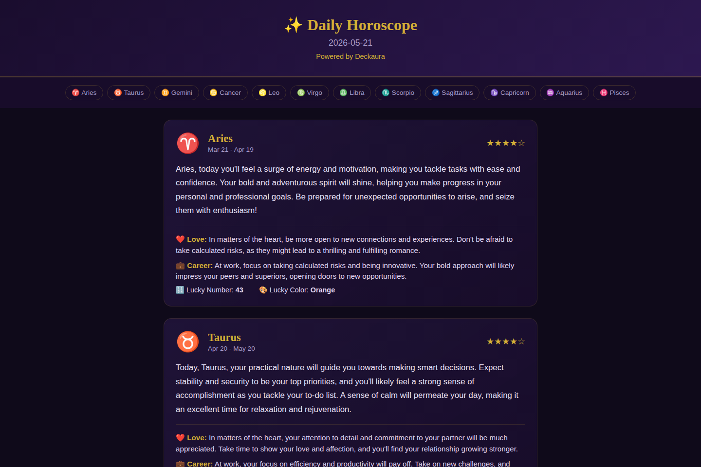 Deckaura Horoscope documentation page