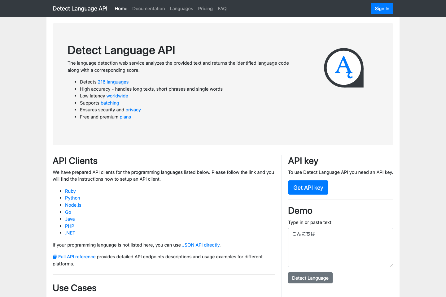 Detect Language documentation page