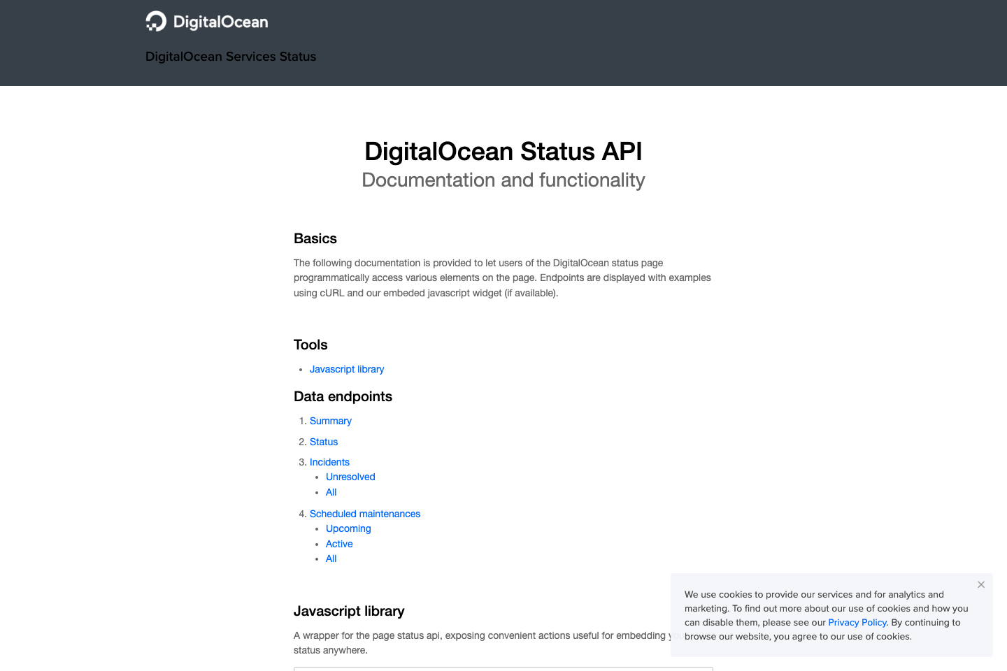 DigitalOcean Status documentation page