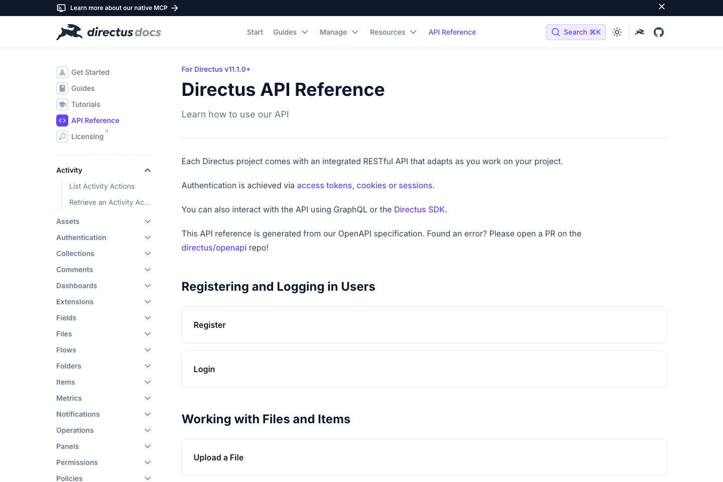 Directus documentation page