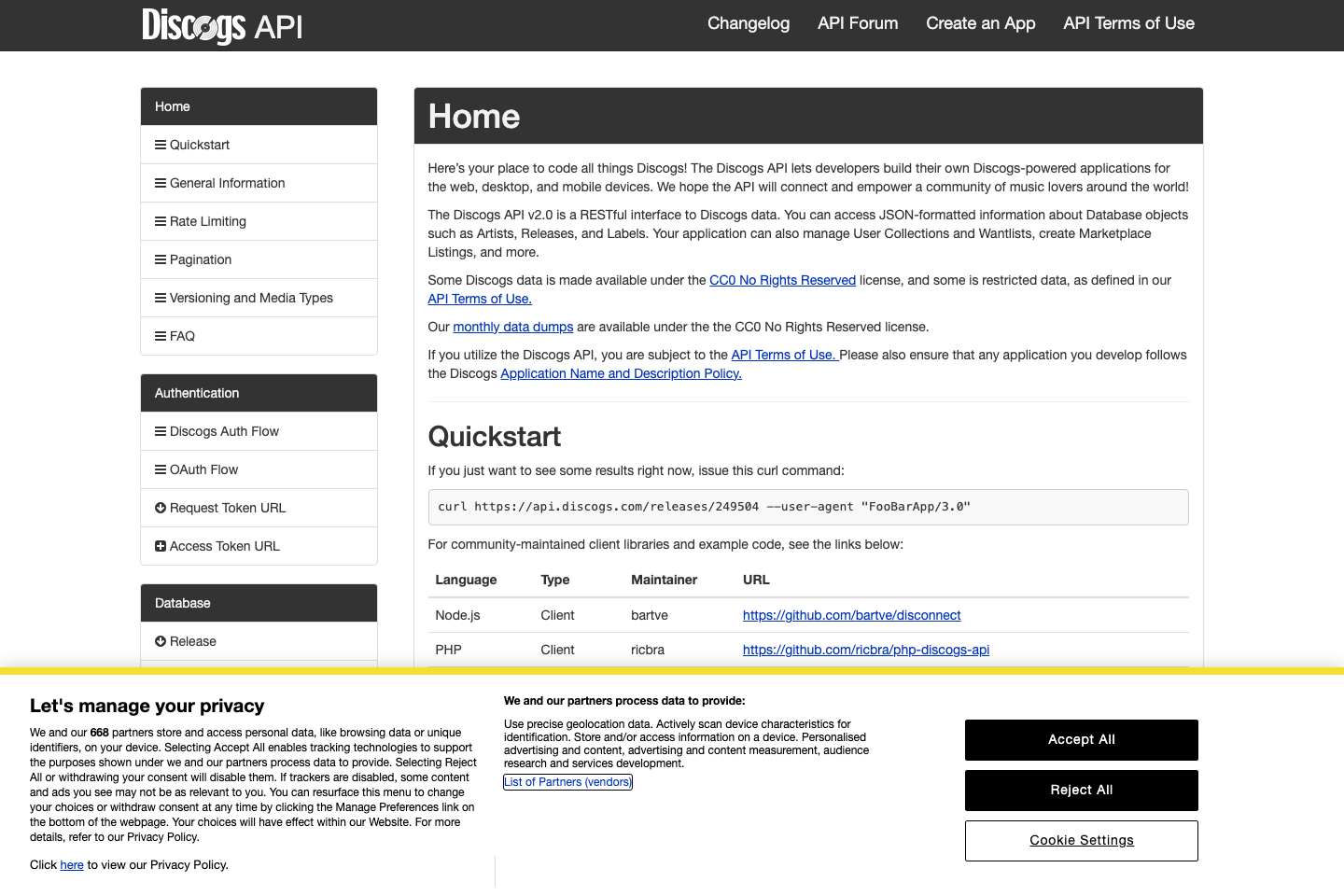 Discogs documentation page