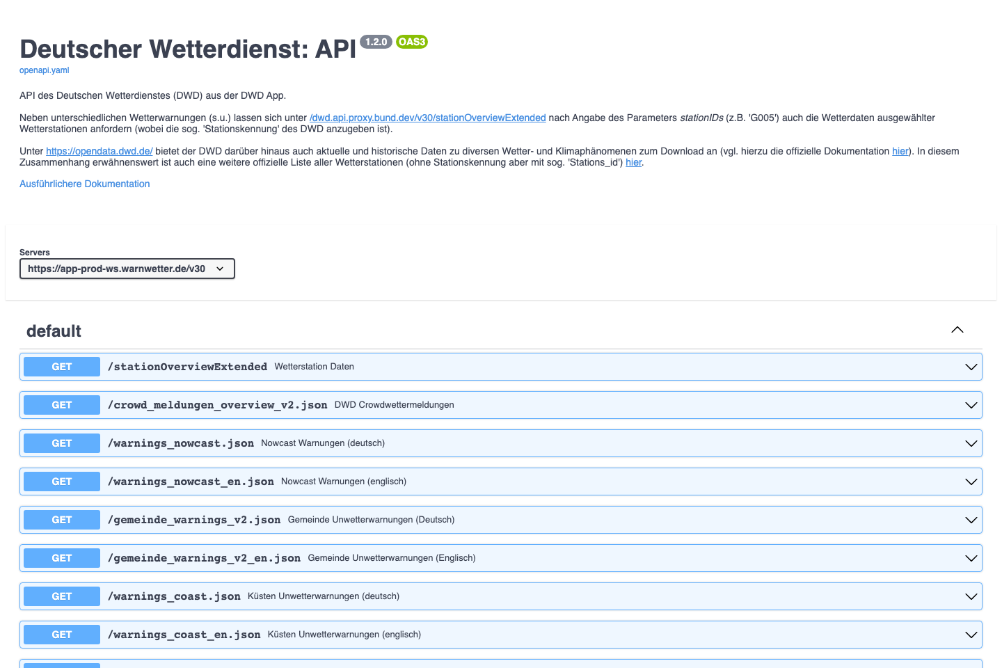 DWD API documentation page