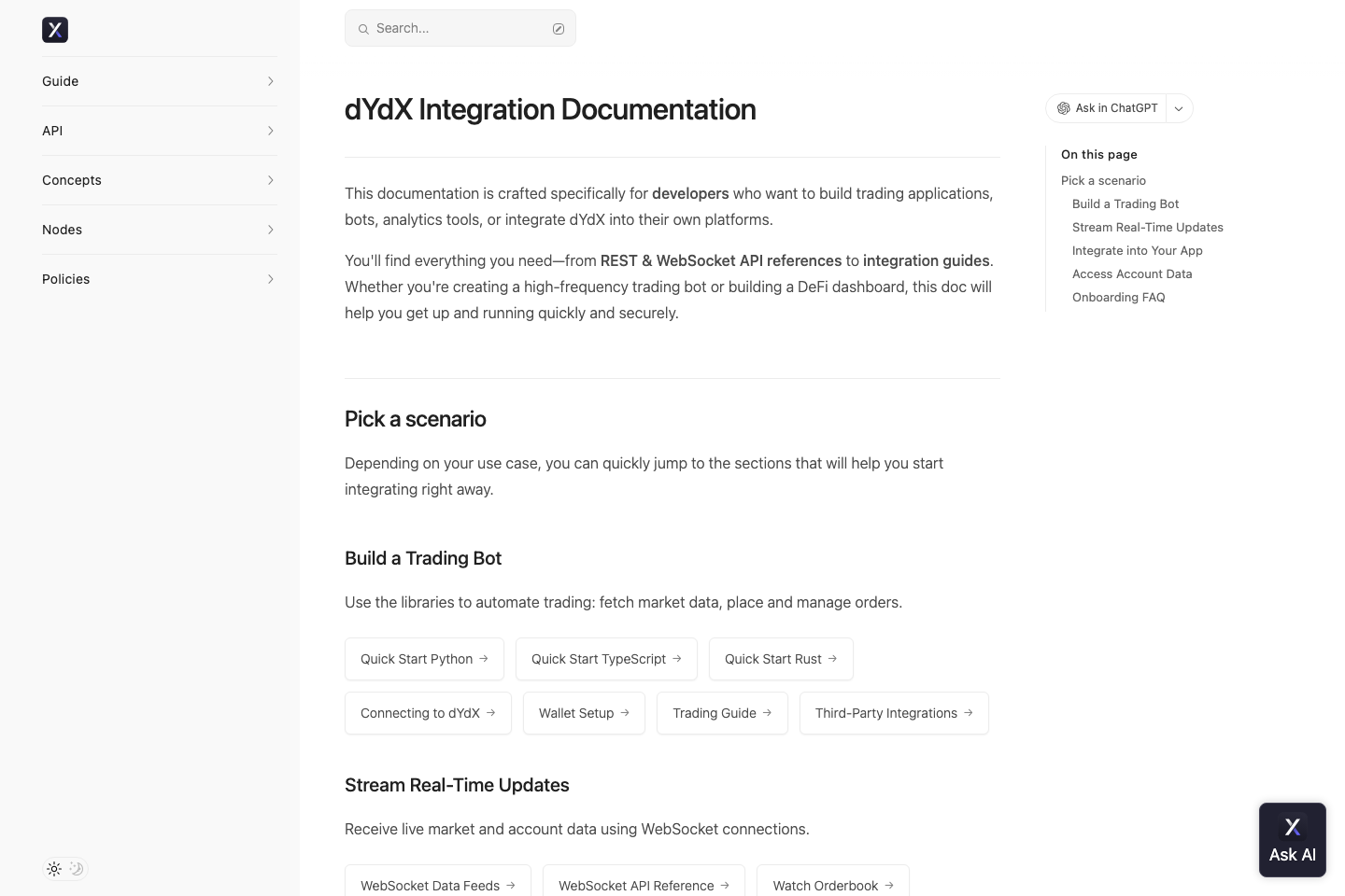 dYdX documentation page