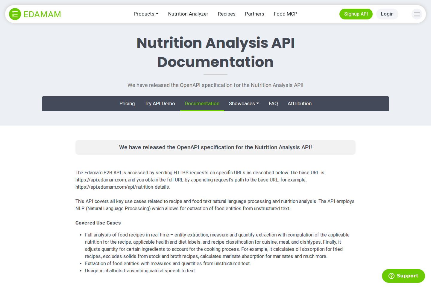 Edamam nutrition documentation page