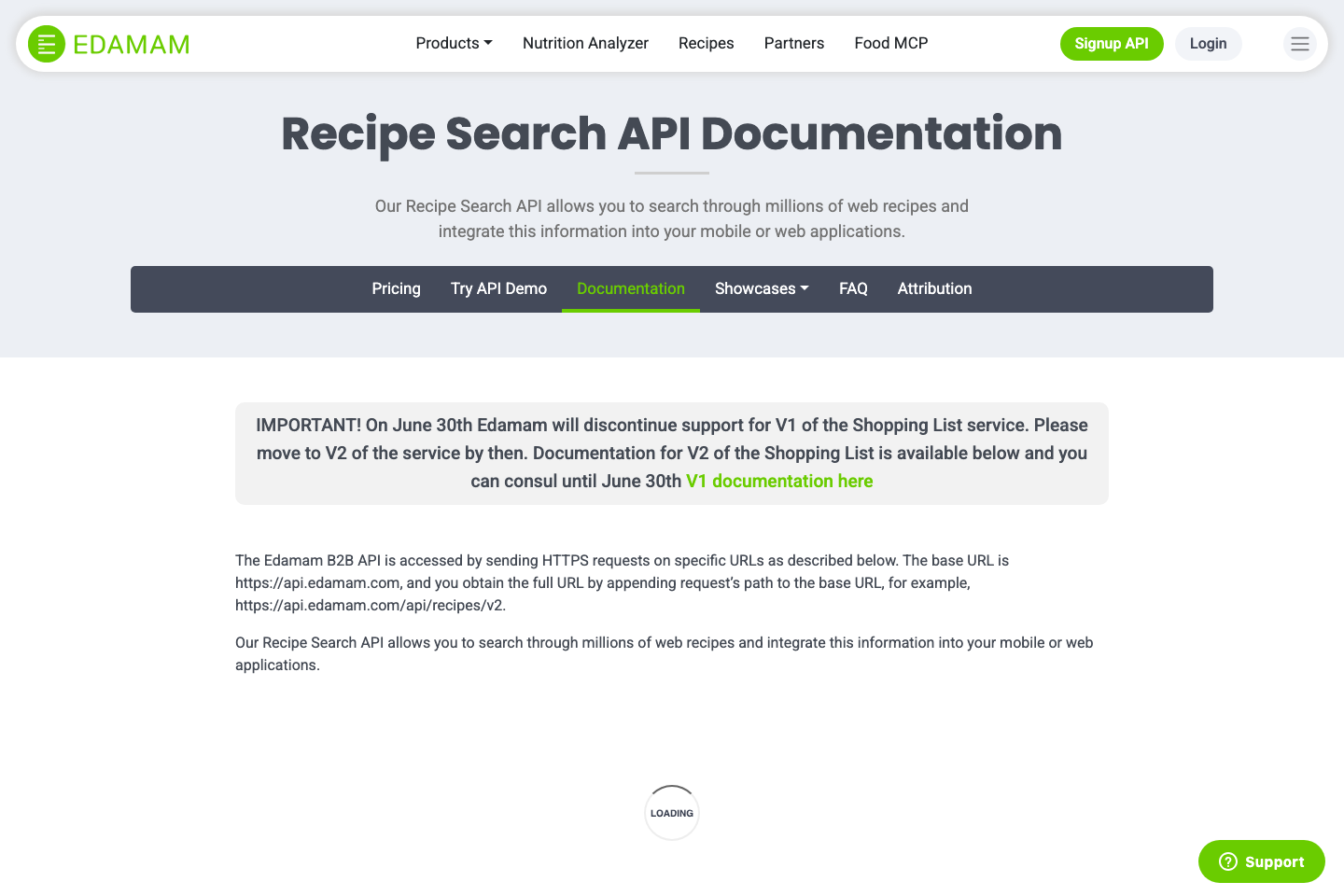 Edamam recipes documentation page